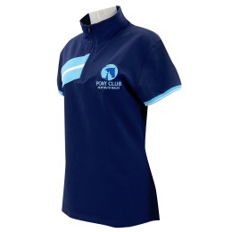 Customized waist and half chest zipper Polo shirt Design contrasting sleeves Royal blue stitching sky blue Hem shirt side slits Australia Pony Club P1356 Customized waist and half chest zipper Polo shirt Design contrasting sleeves Royal blue stitching sky blue Hem shirt side slits Australia Pony Club P1356